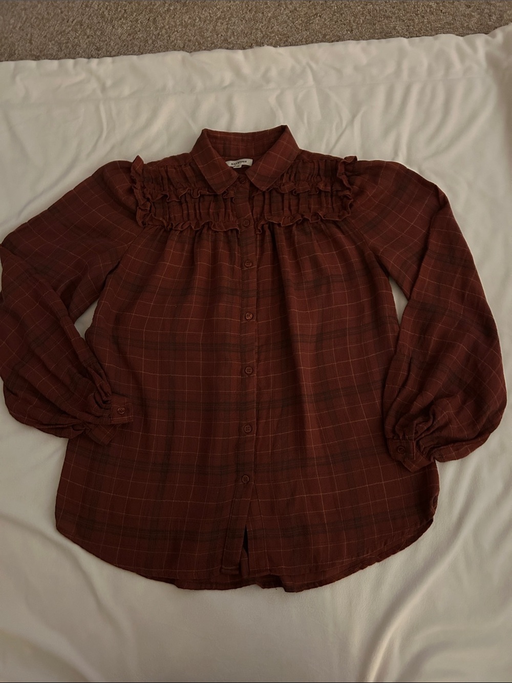 Mac Studio “nwot” Ruffle Yoke Button-Front Blouse - Rust Plaid Sz: M